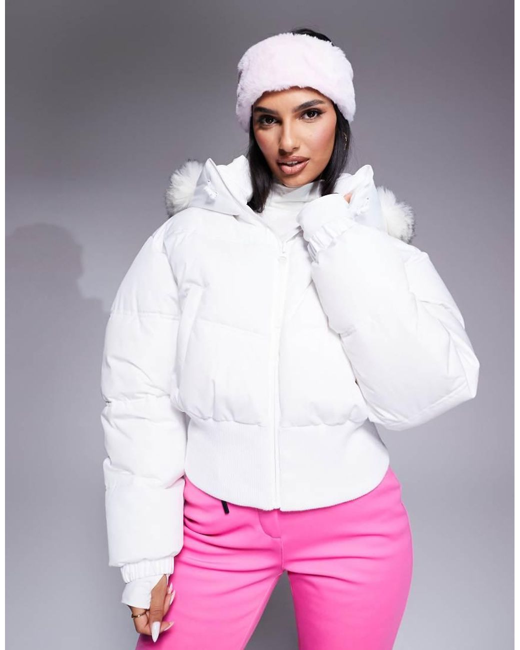 ASOS Ski Cropped Insulated Ski Bomber Jacket With Faux Fur Hood in White Lyst UK