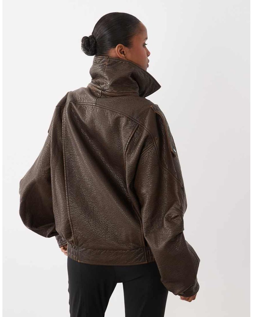 Noughts & Kisses Brown Eska Faux Leather Funnel Neck Buckle Detail Oversized Bomber Jacket