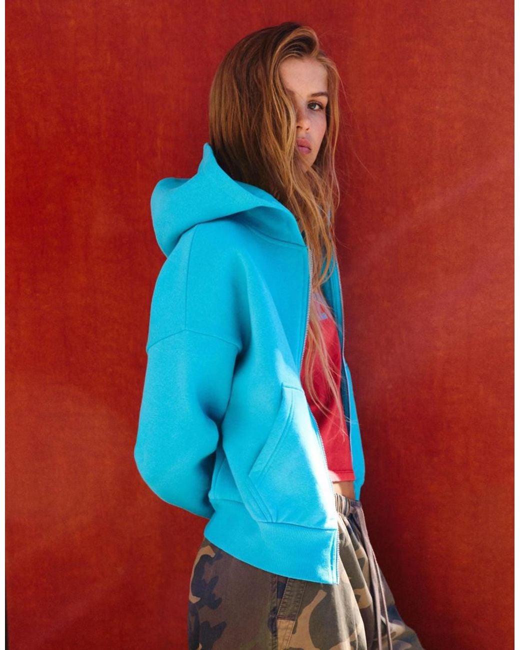 Pull&Bear Red Turquoise Zip-up Hoodie