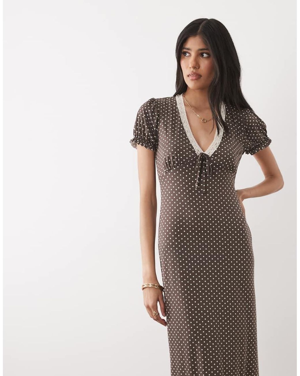 Miss Selfridge Brown V-Neck Maxi Tea Dress With Lace Trim