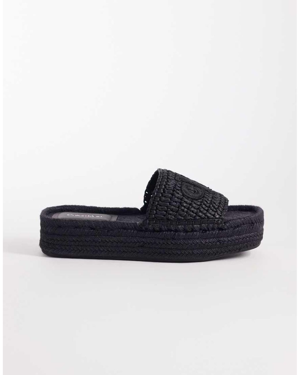 Calvin Klein Black Jeans Raffia Flatform Espadrille Sandals