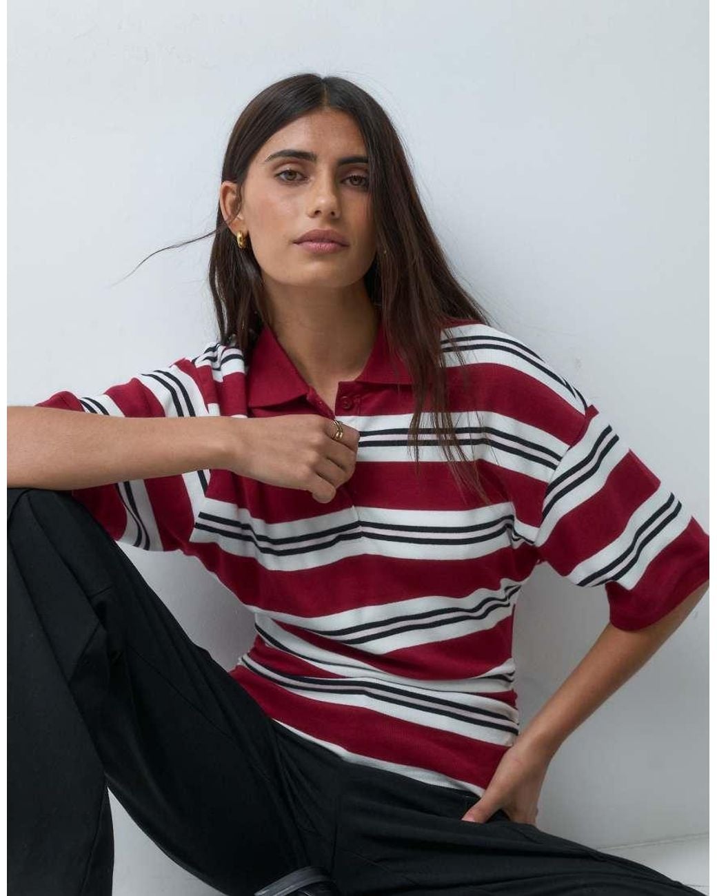 ASOS Red Corset Waist Tee With Rugby Polo Collar