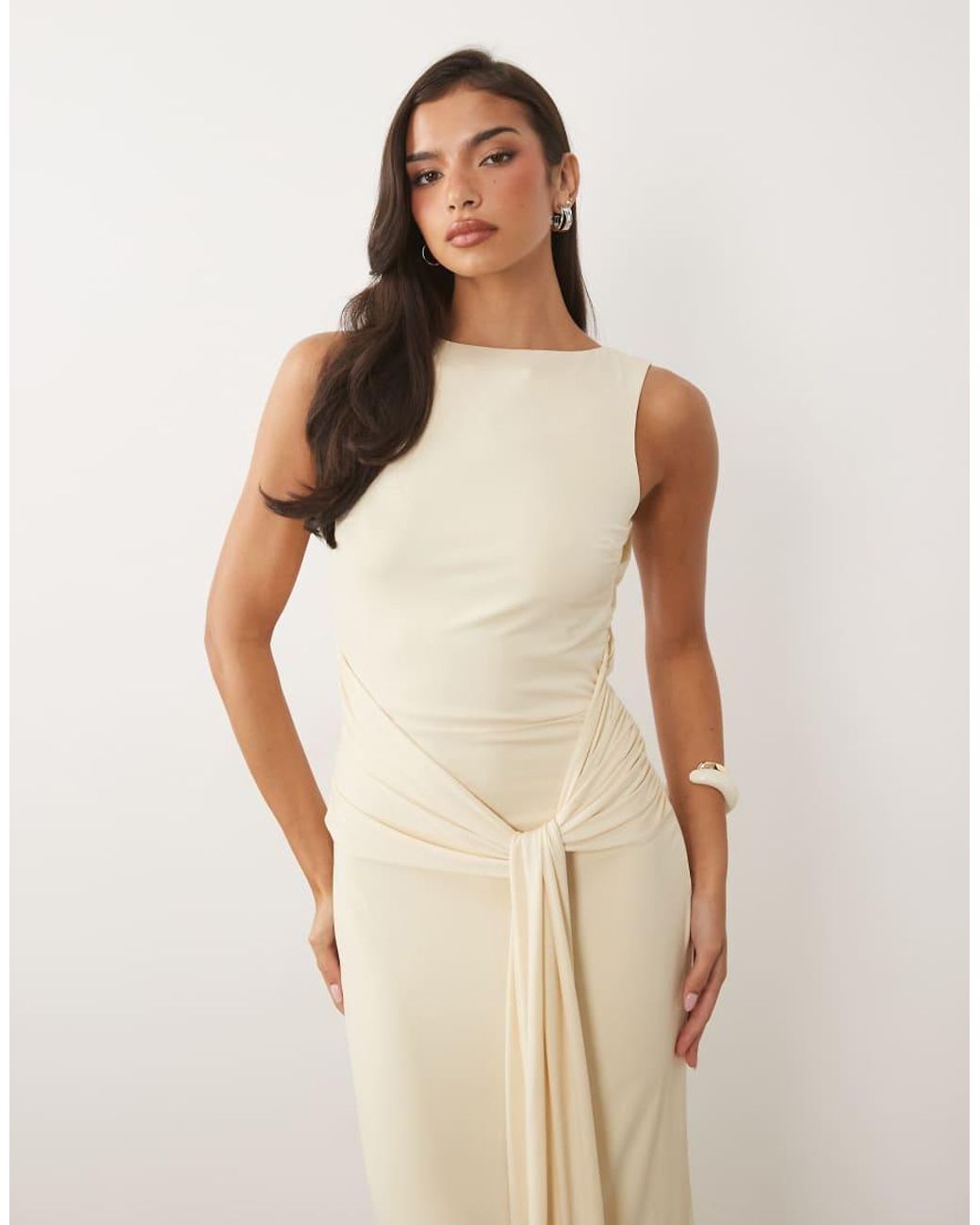 TFNC London Natural Slinky Slash Neck Open Back Tie Detail Maxi Dress