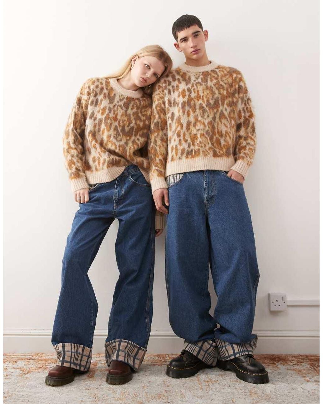 Reclaimed Vintage Blue Unisex Boxy Crew Neck Leopard Print Sweater