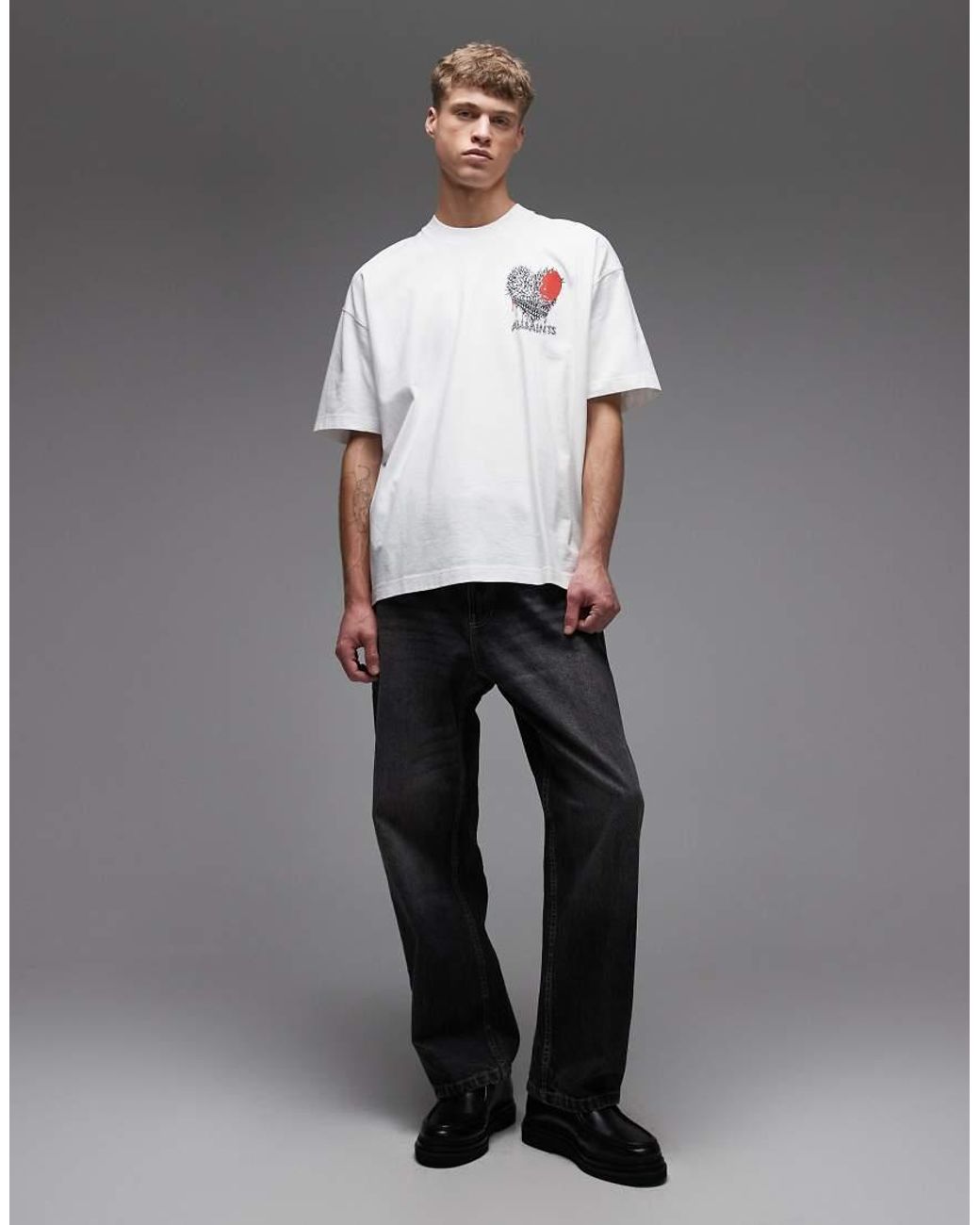 AllSaints Gray Chaste Graphic Heart Logo T-Shirt With Back Print for men