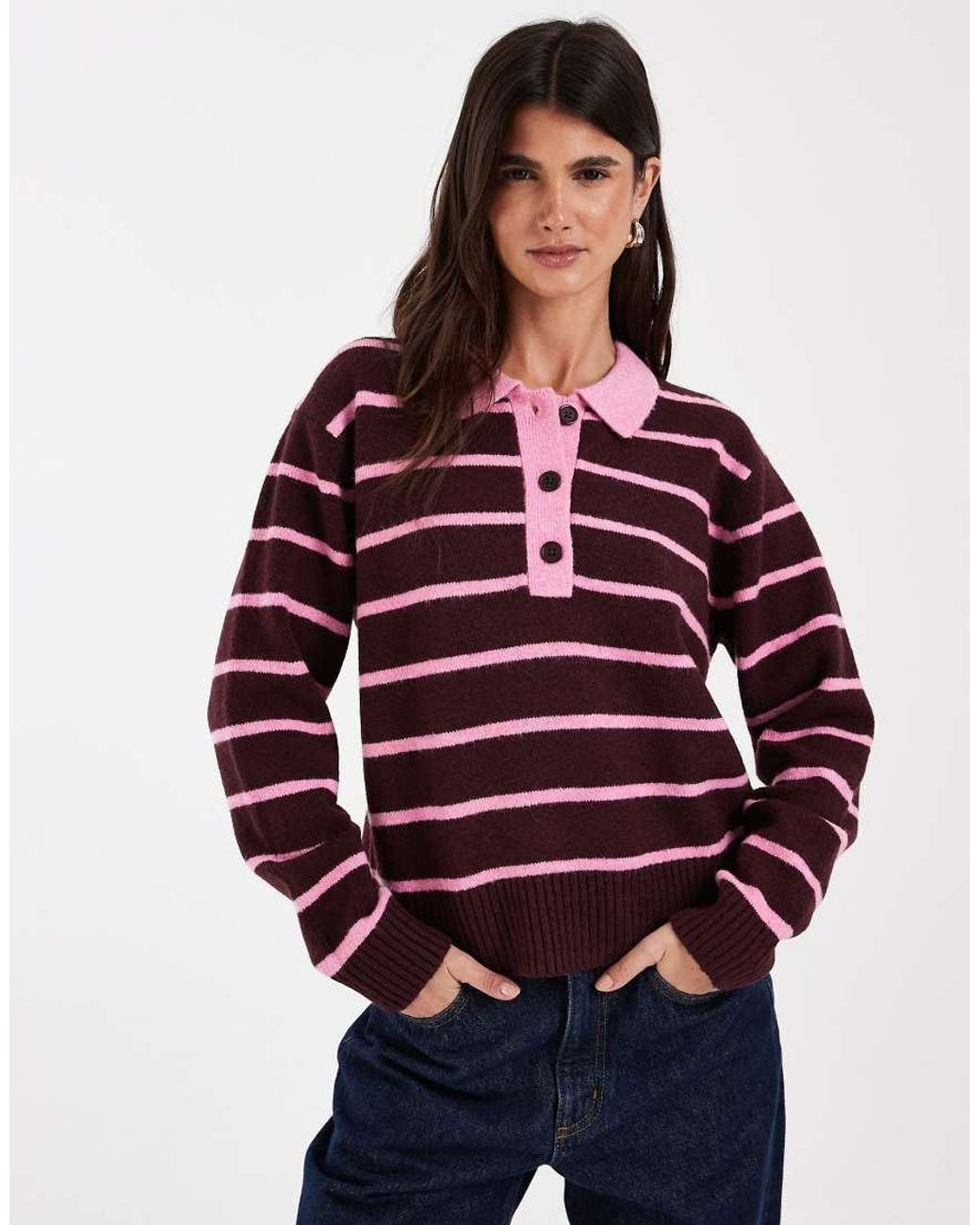 JJXX Red Long Sleeve Knitted Polo With Stripes