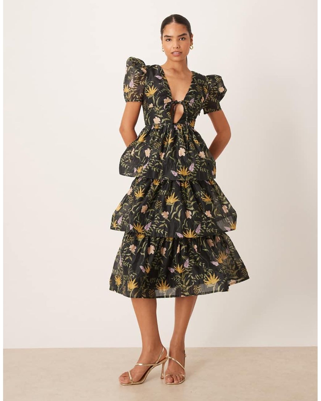 True Decadence Natural Plunge Neck Tiered Midi Dress