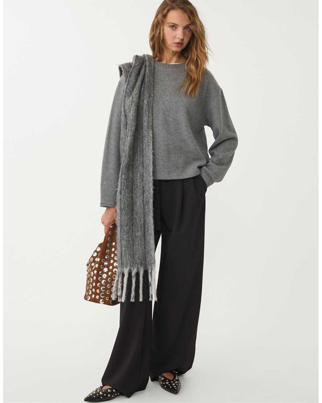 Stradivarius Gray Brushed Round Neck Long Sleeve Top