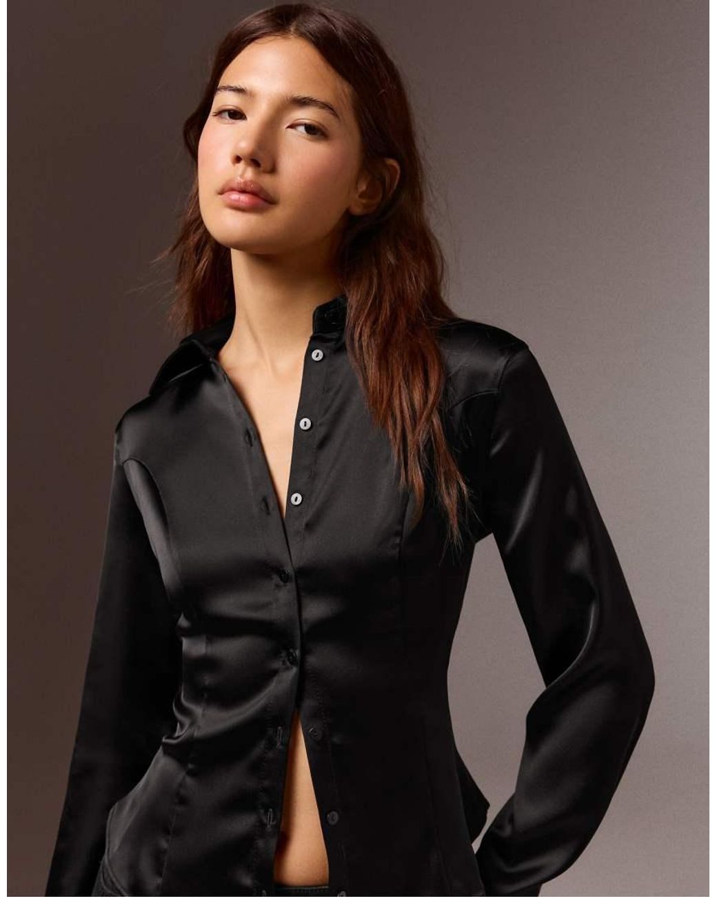 Bershka Brown Fitted Long Sleeve Sateen Shirt