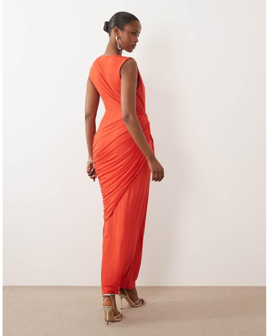 ASOS Red Plunge Neck Gather Detail Mesh Maxi Dress