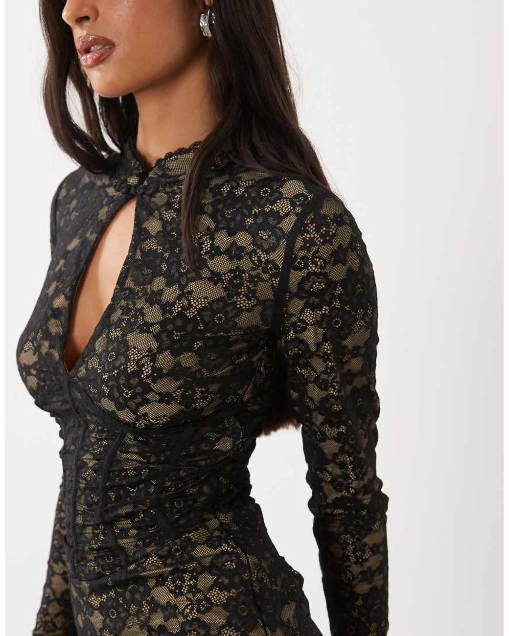 Oh Polly Black Lace Mandarin Collar Cut Out Detail Long Sleeve Mini Dress