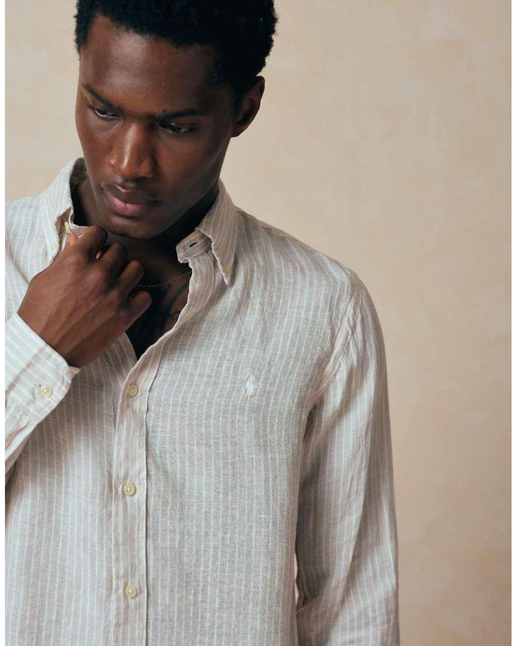 Polo Ralph Lauren White Icon Logo Striped Linen Long Sleeve Shirt for men