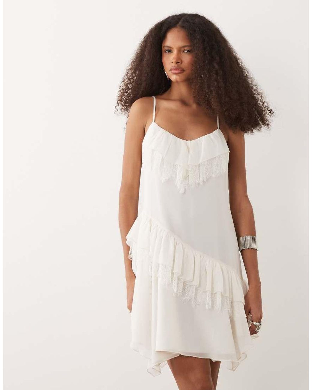 Mango White Ruffle Detail Mini Dress