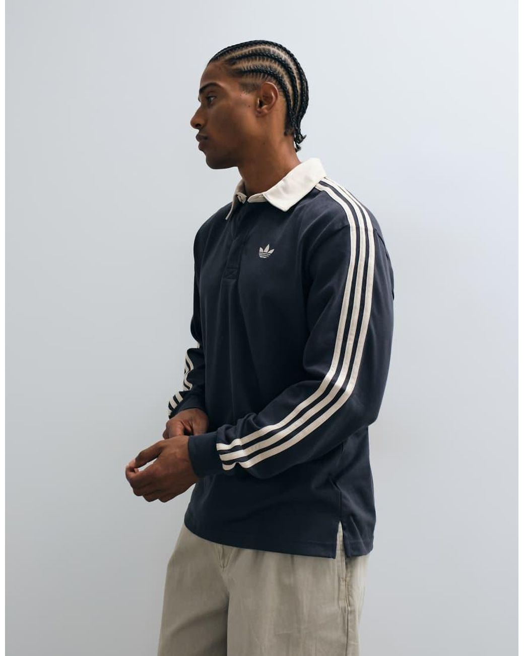 Adidas Originals Blue Three Stripe Long Sleeved Polo for men
