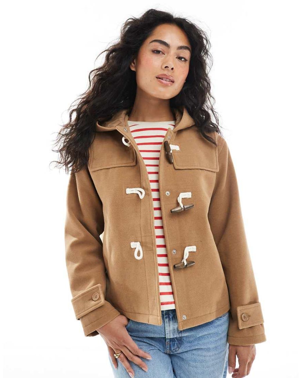 Brave Soul Brown Hooded Faux Wool Duffle Coat With Toggle Front