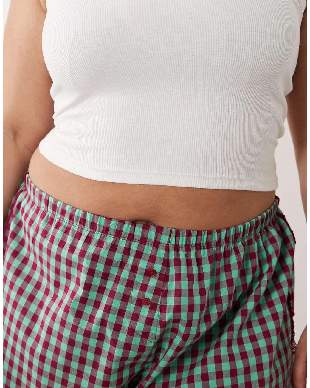 ASOS White Asos Design Curve Textured Gingham Pyjama Boxer Shorts With Lace Trim