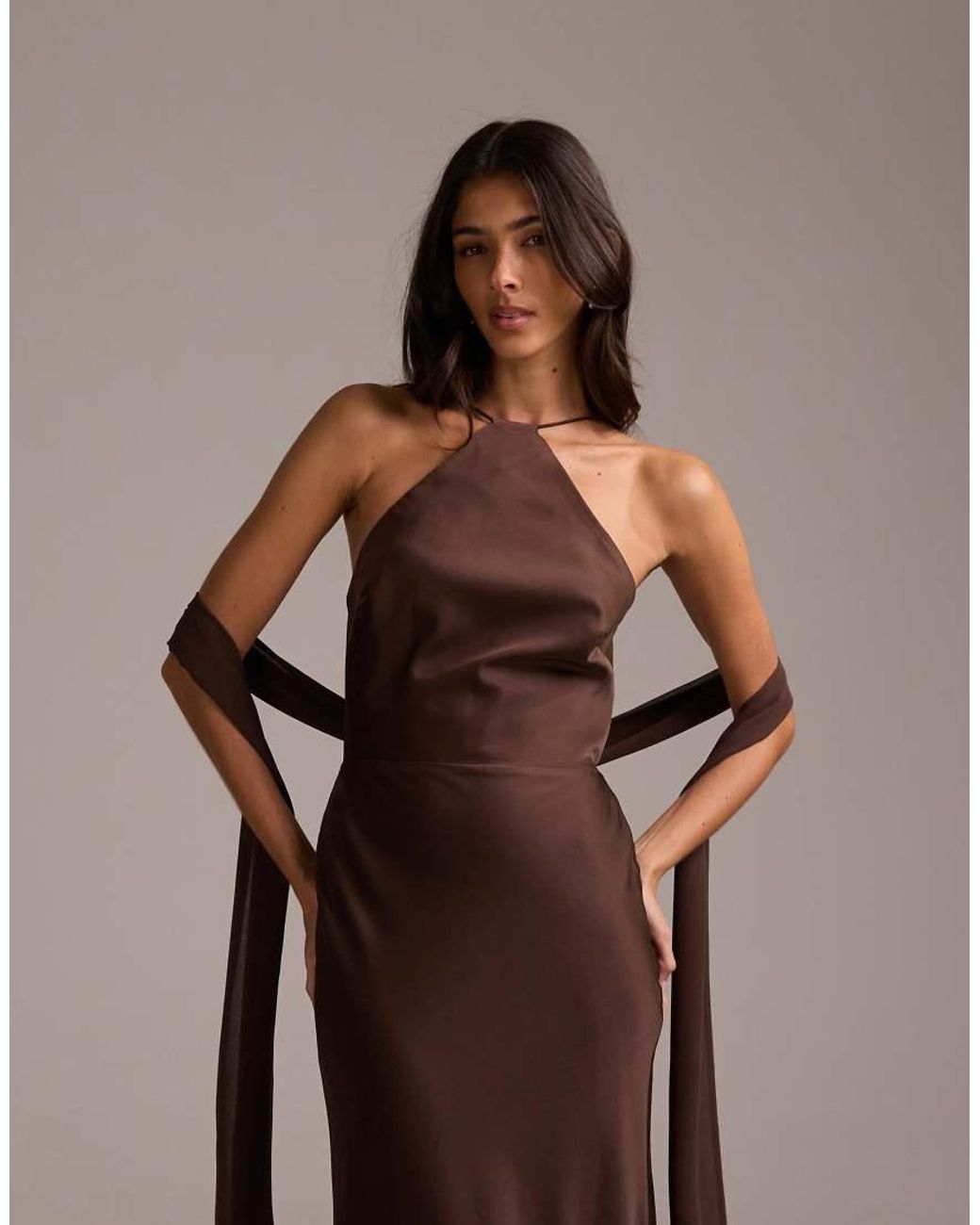 ASOS Brown Bridesmaids Halter Neck Satin Maxi Dress With Scarf Detail