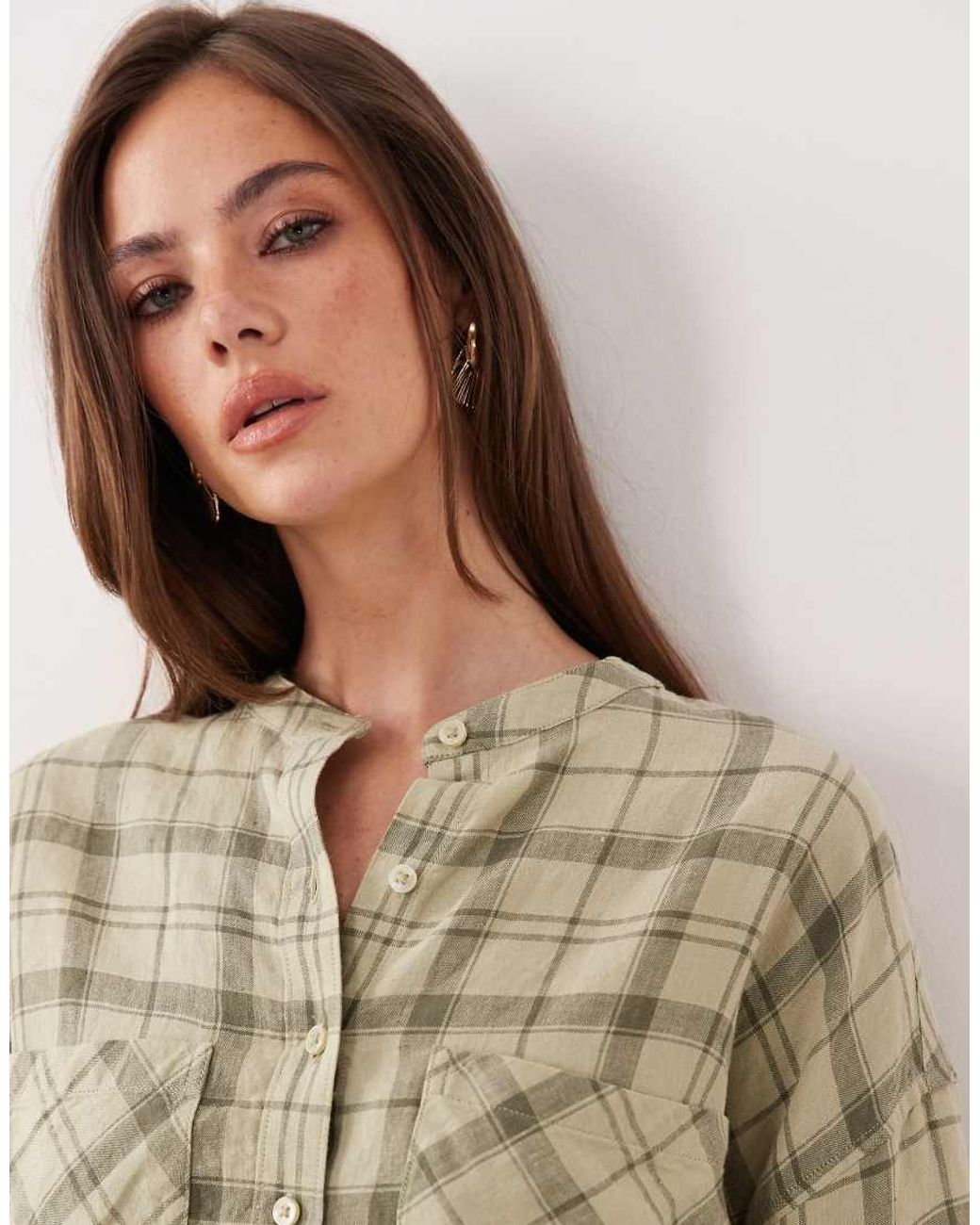 Barbour Brown Orla Co-ord Short Sleeve Linen Oversized Collarless Tartan Shirt