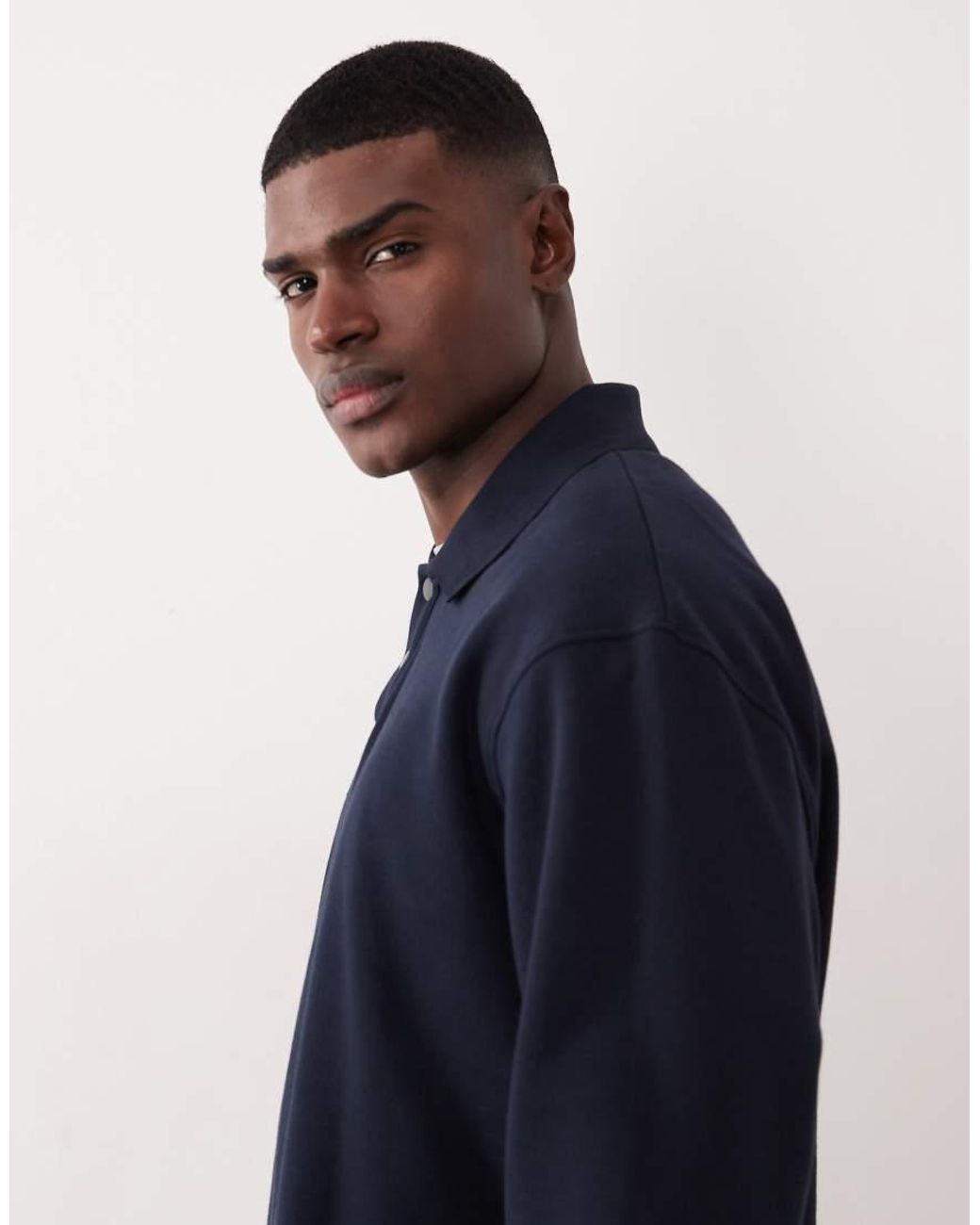 ASOS Blue Relaxed Button Up Polo Sweatshirt With Ribbed Collar for men