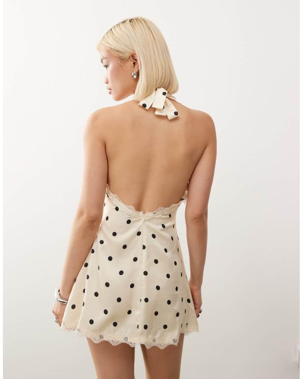 Lioness Natural Stars Align Halterneck Lace Trim Open Back Satin Mini Dress