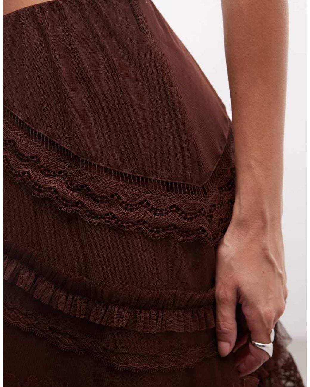 AllSaints Brown Jen Tulle Ruffle Midi Skirt