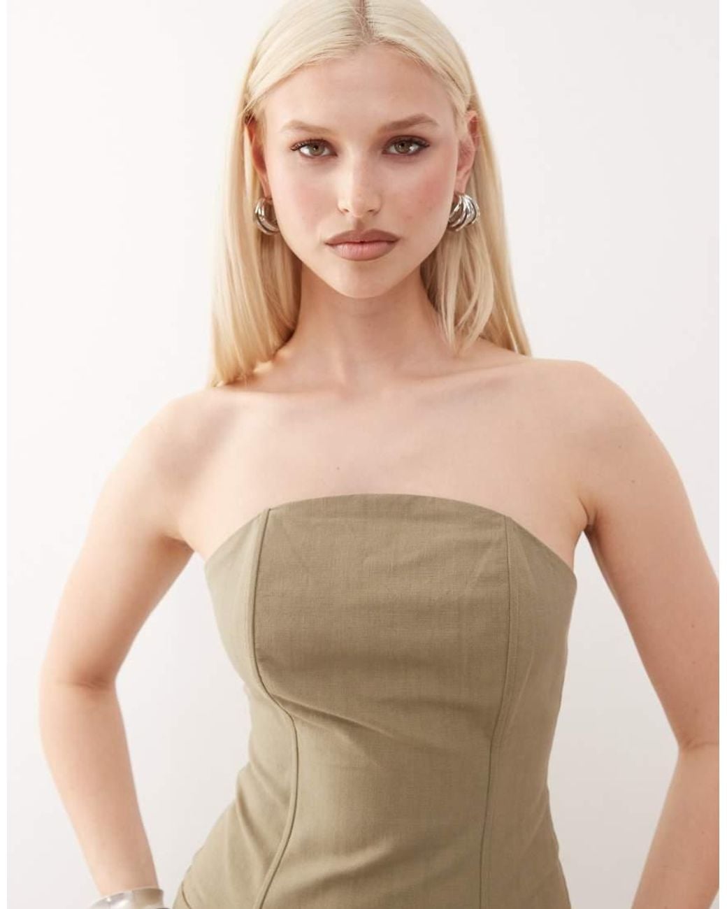 Lioness Green Untamed Linen Look Cotton Seam Detail Bandeau Corset Top Co-ord