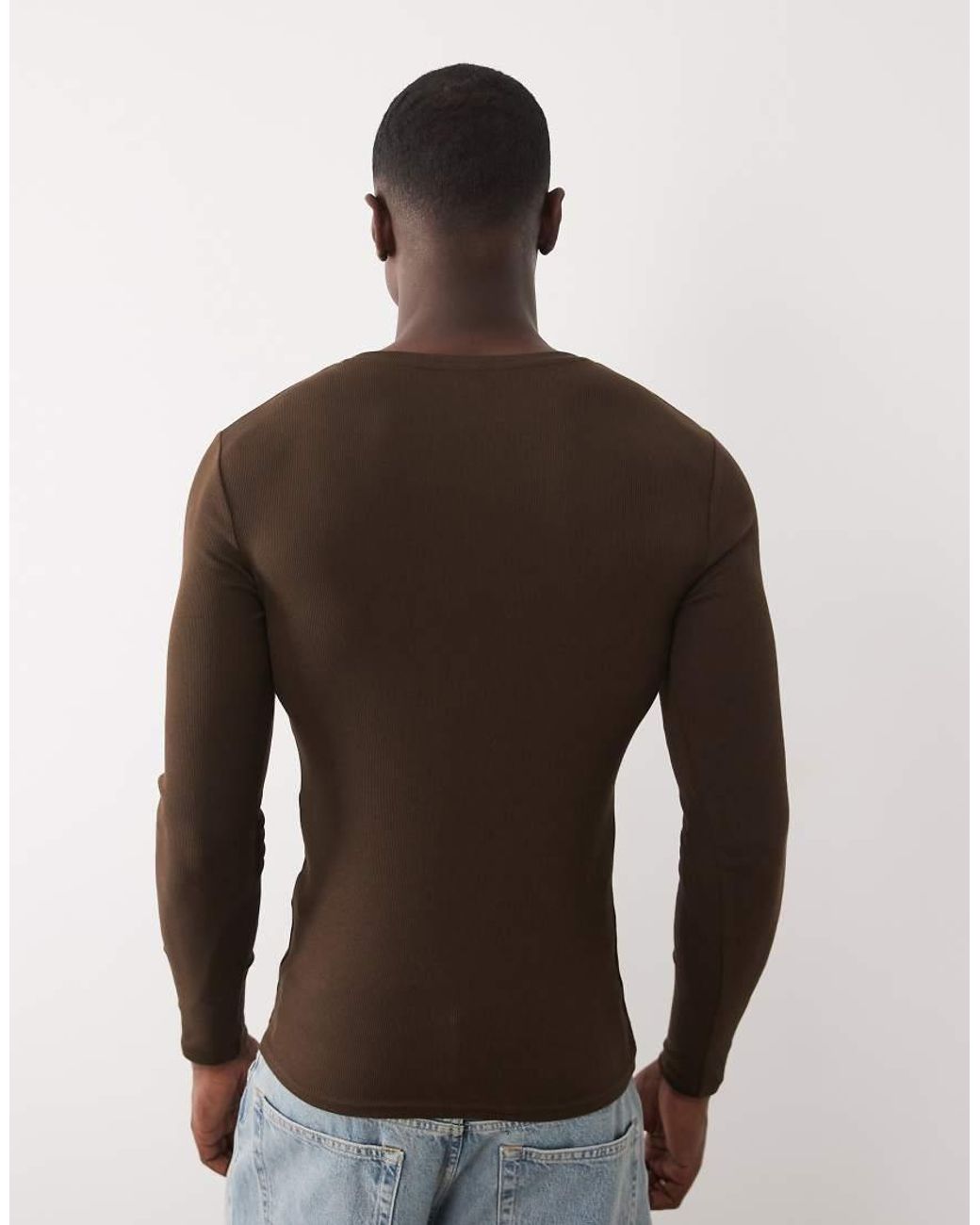 ASOS Brown Essentials Muscle Fit Long Sleeve T-shirt for men