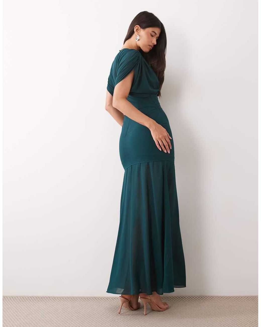 TFNC London Blue Chiffon Gathered Waist Sheer Drop Hem Maxi Dress