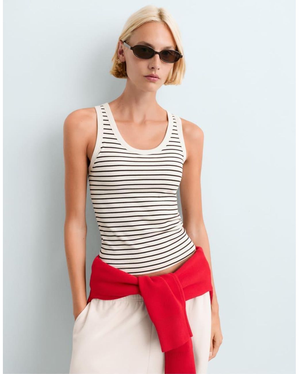 Oysho White Long Rib Round Neck Striped Modal Tank Top