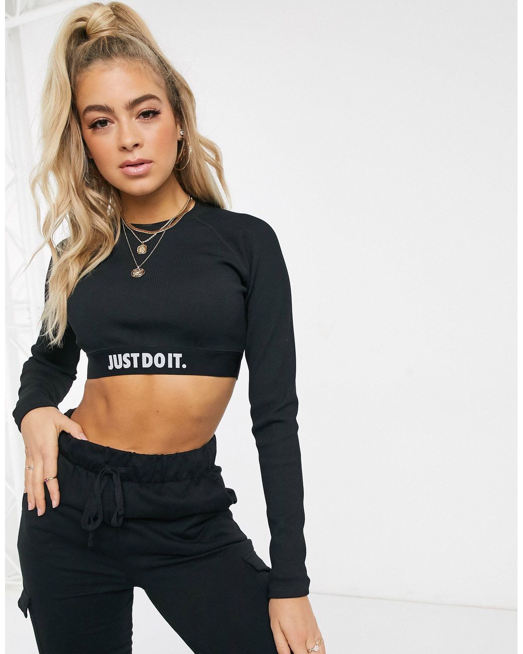 Nike Black Ribbed Just Do It Long Sleeve Crop Top | Lyst