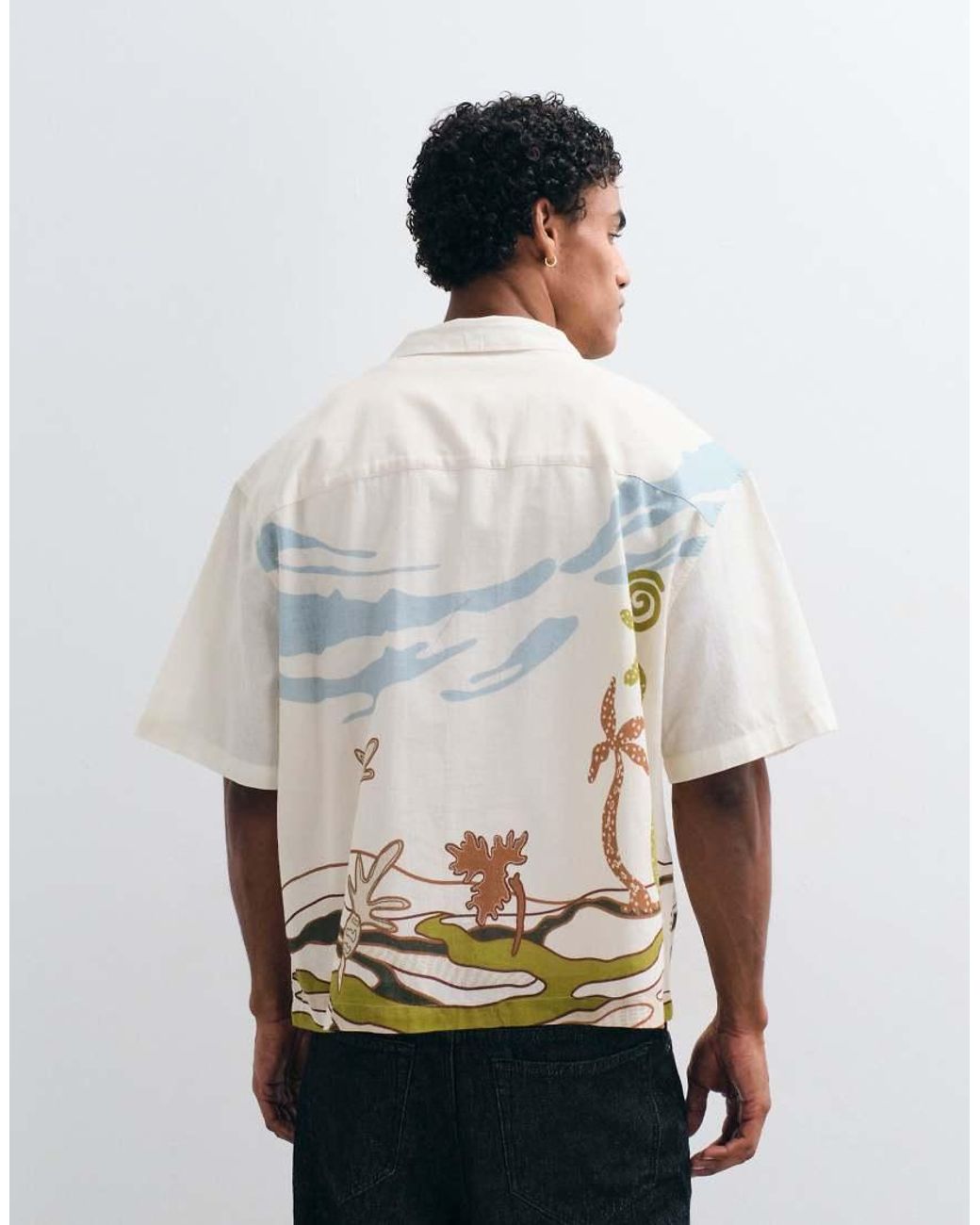 ASOS White Boxy Oversized Printed Shirt With Linen for men