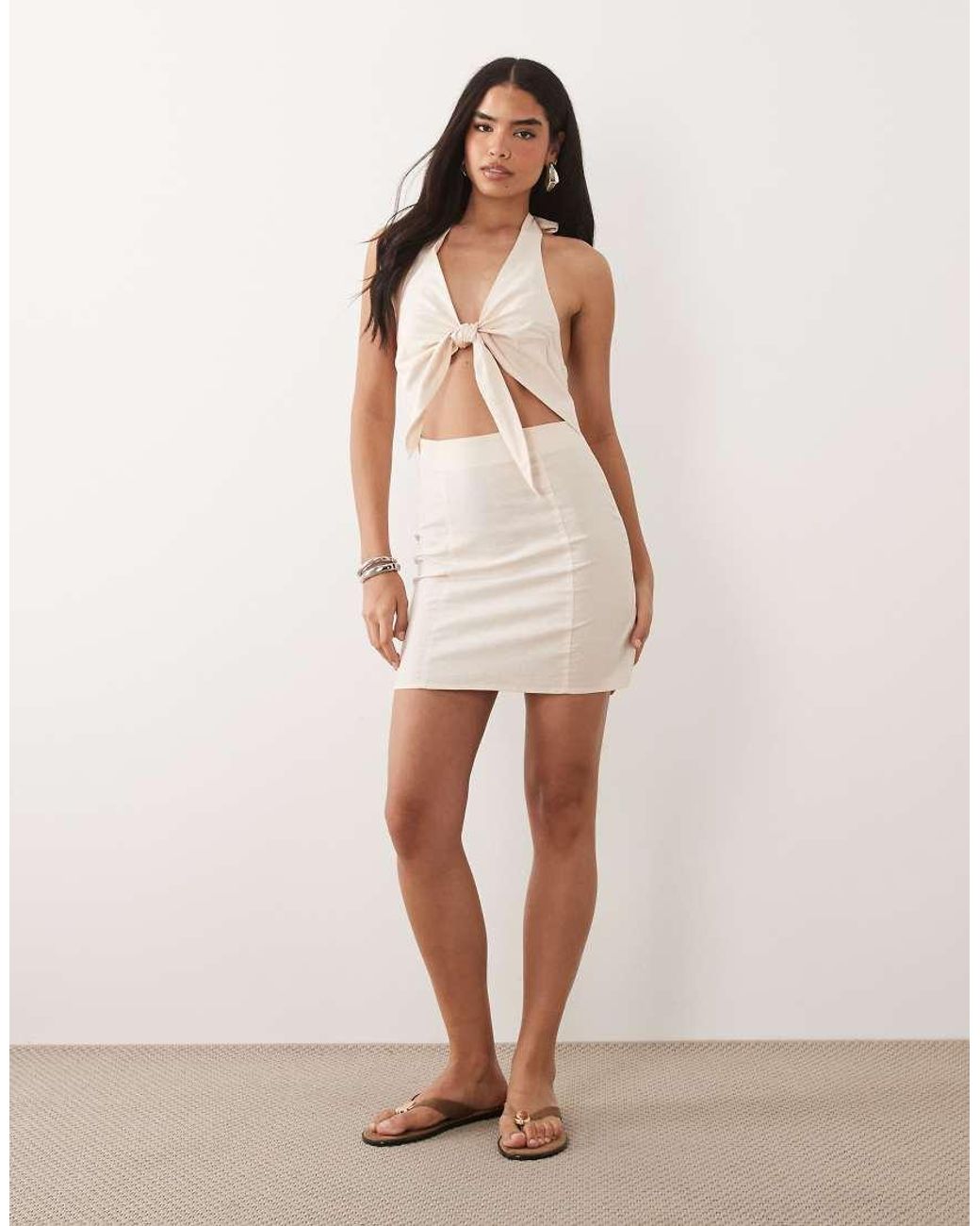 Kaiia Natural Exclusive Linen Blend Tie Front Cut-out Detail Mini Dress