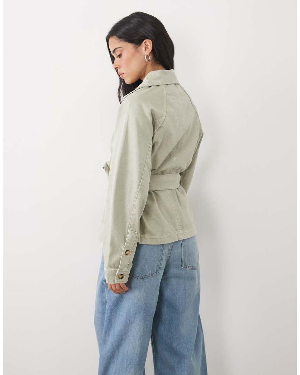 4th & Reckless Natural Twill Denim Funnel Neck Tie Waist Detail Jacket