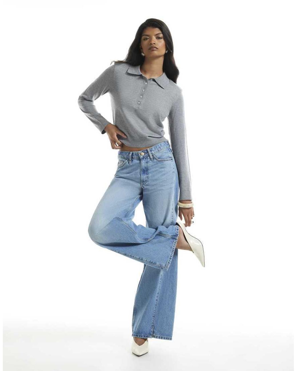 River Island Blue Knit Shoulder Pad Polo Top