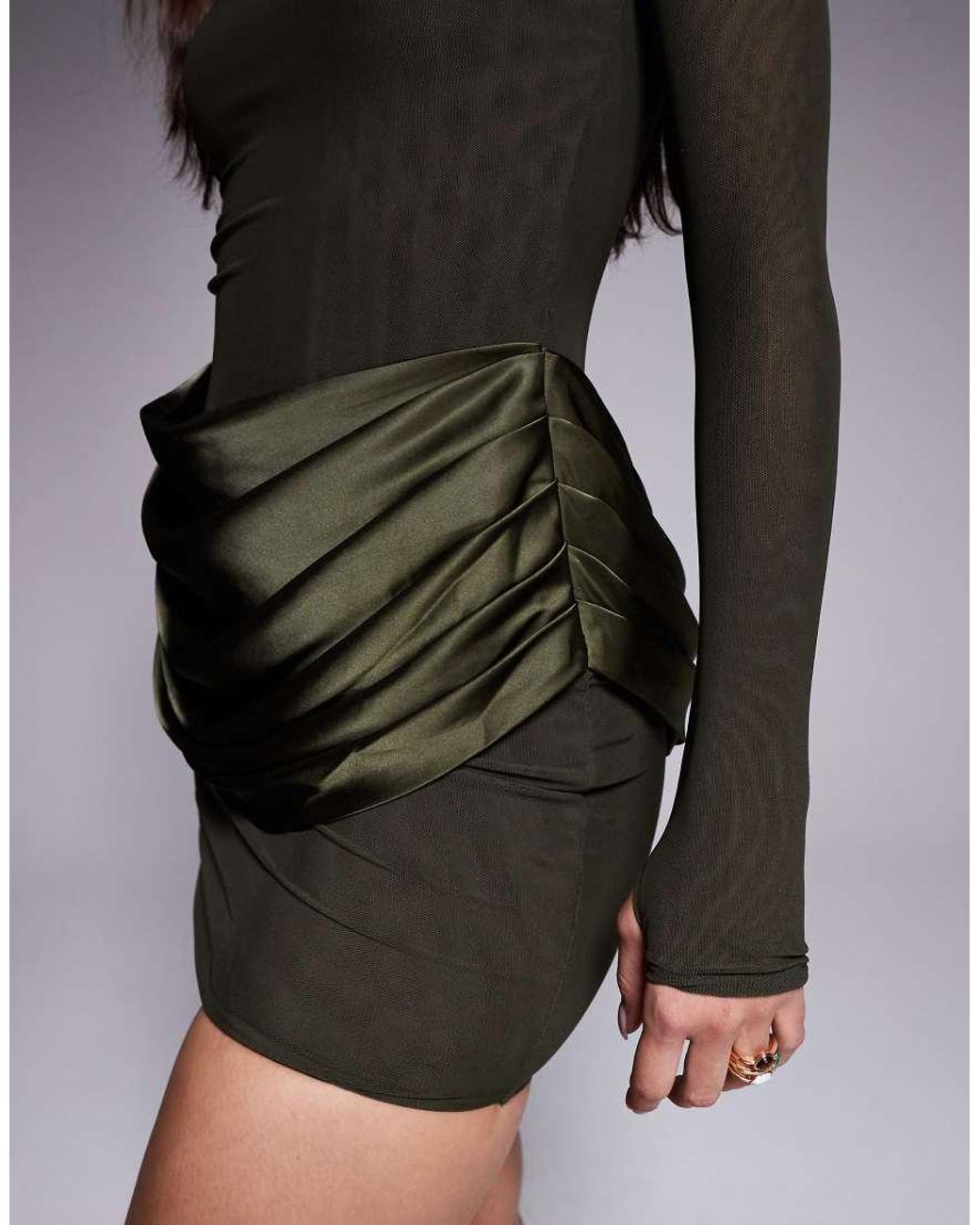 Wanderdoll Black Storm Sculpting Shoulder Pad Detailing Satin Drape Waist Mini Dress