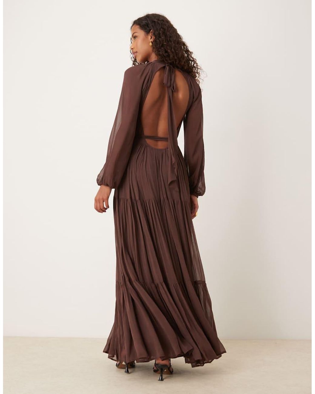 LACE & BEADS Brown Chiffon Balloon Sleeve Maxi Dress