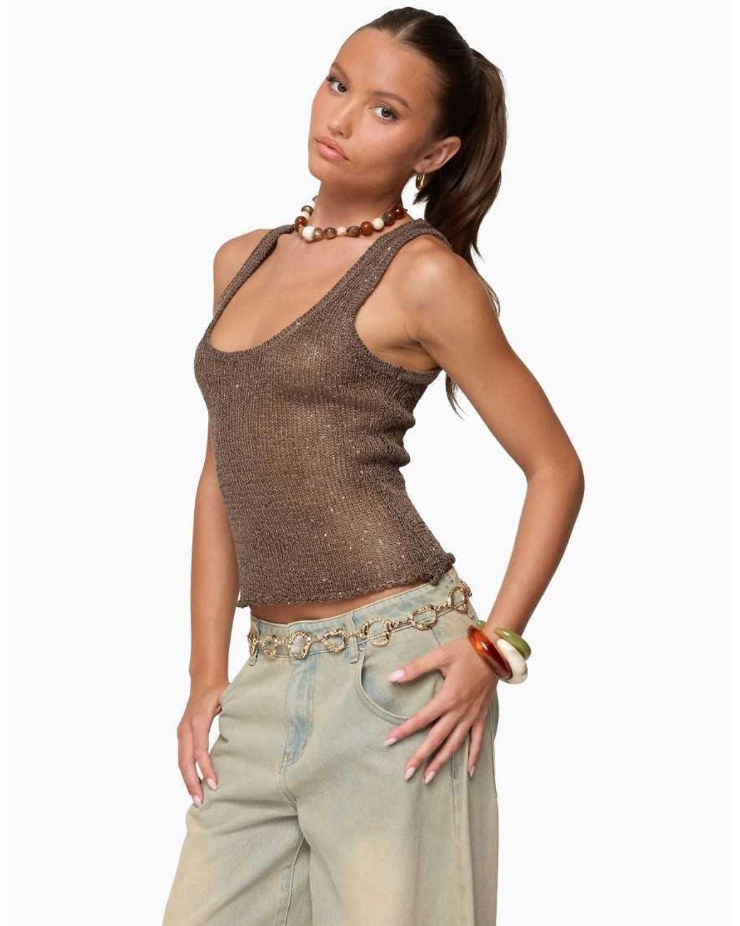 Edikted Brown Eleora Sequin Knit Tank Top