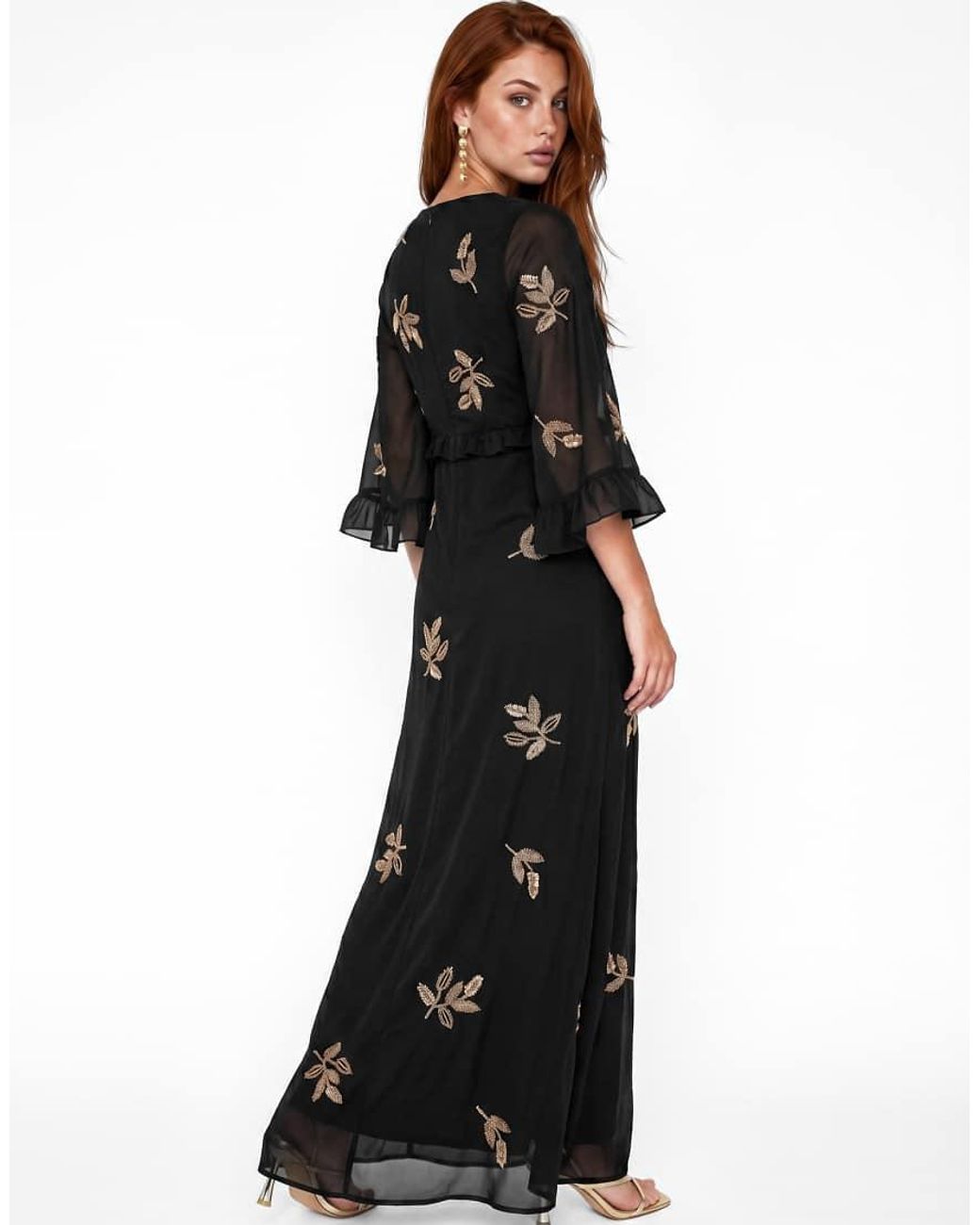 Maya Black Leaf Embellished 3/4 Bell Sleeve Maxi Dress