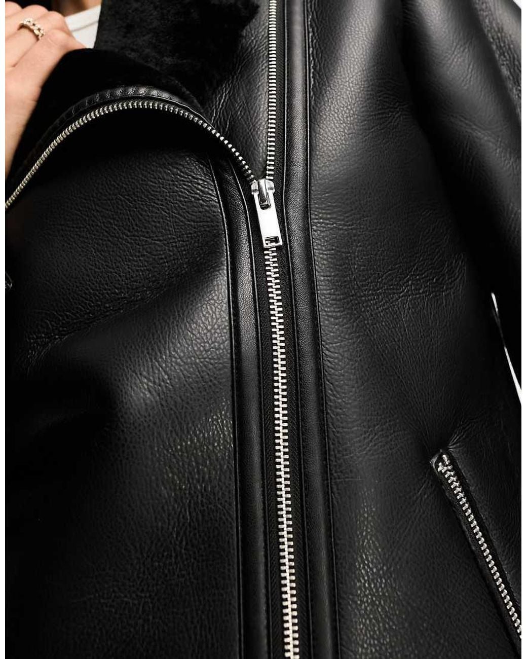 Pieces Black Faux Fur Trim Aviator Jacket