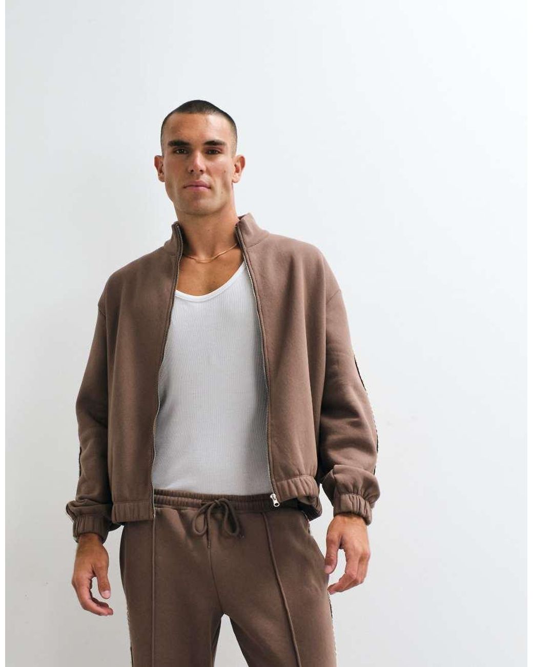 ASOS Brown Relaxed Boxy Zip Through Jersey Jacket for men