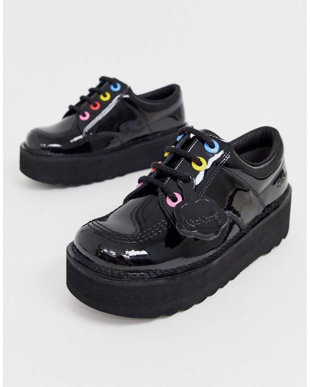 Kickers Kick Lo Stack Leather Patent Flat Shoes With Multi Colour Eyelets  in Black | Lyst