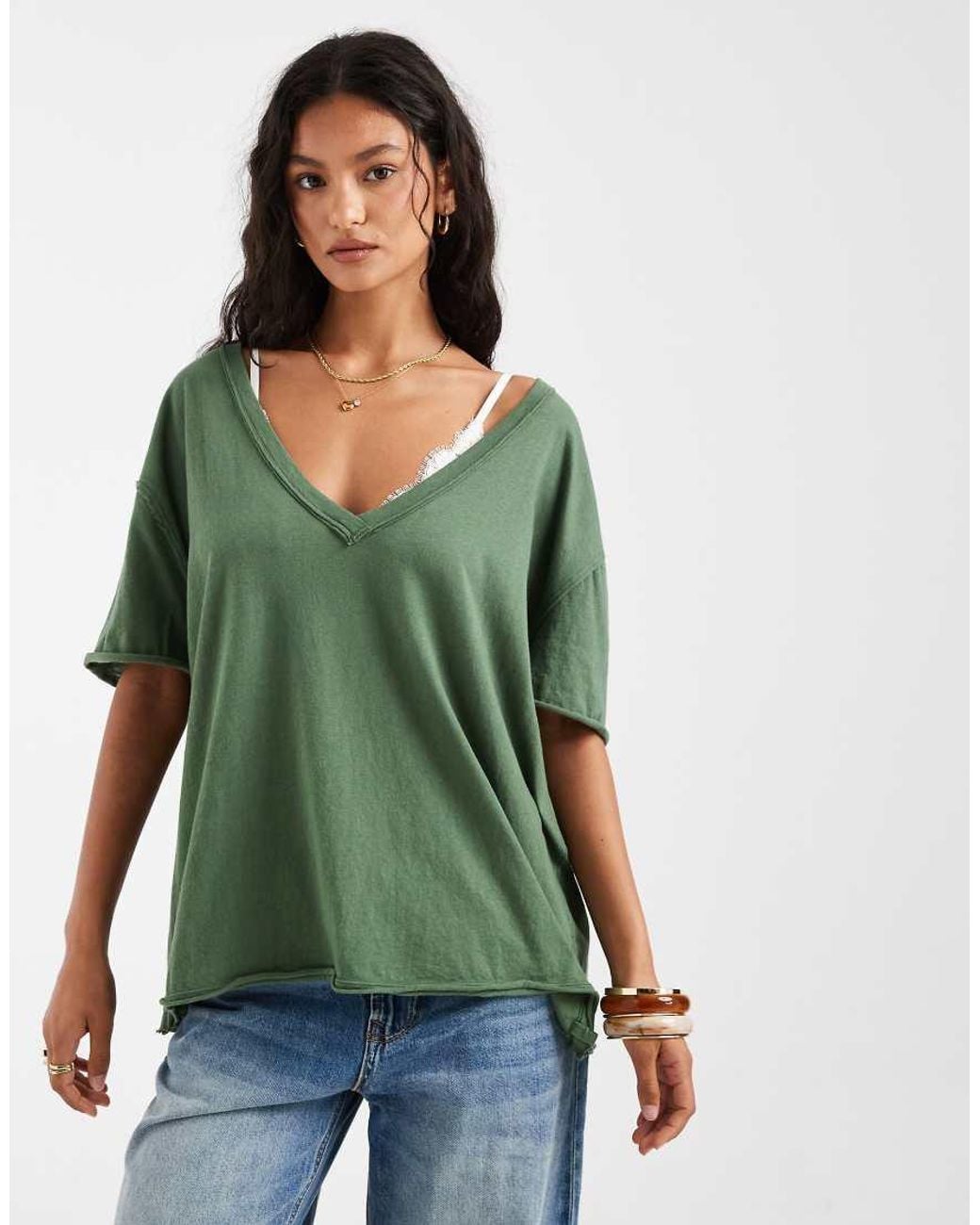 Free People Green Nina V Neck Tee