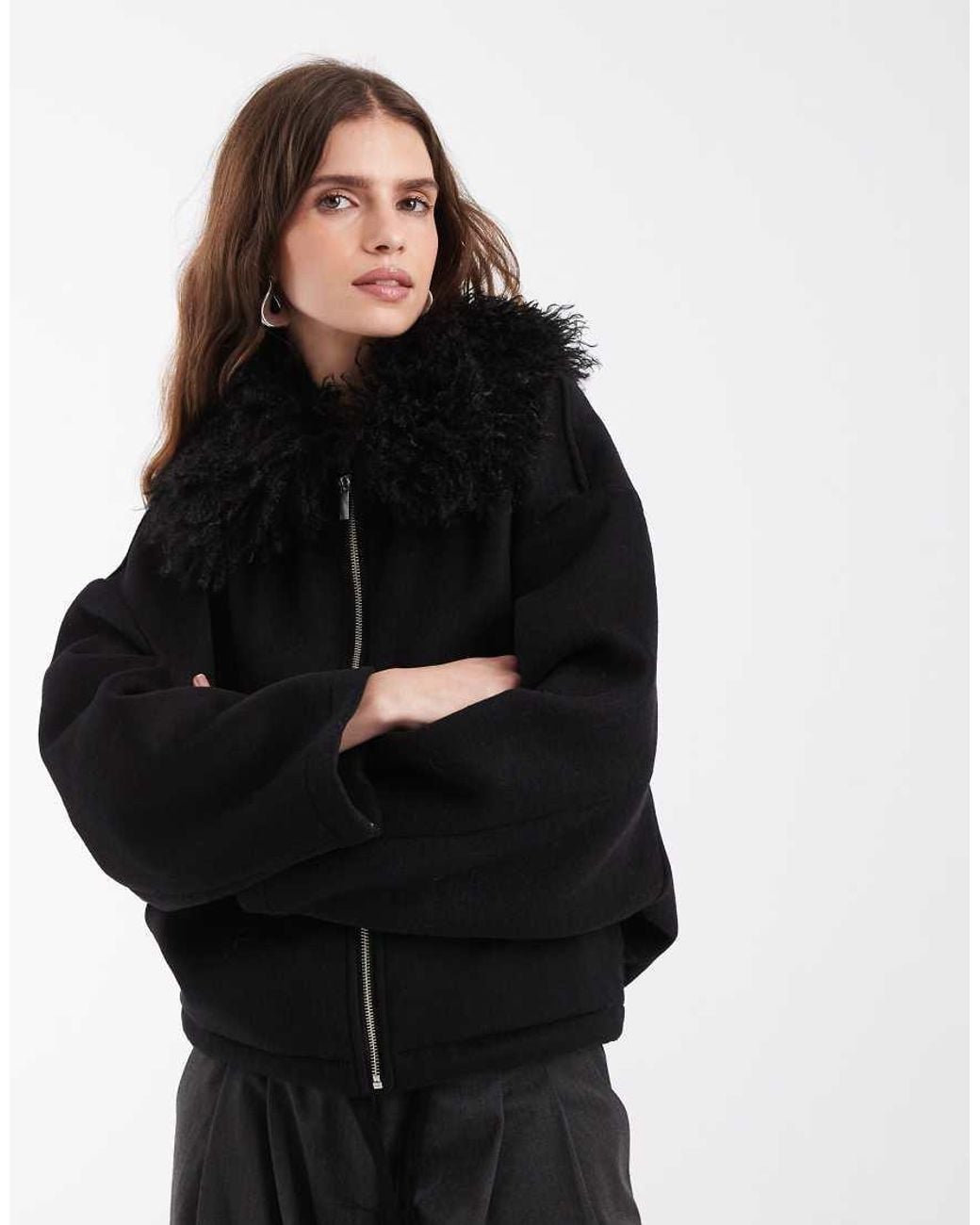 Object Black Zip Front Bomber Jacket With shaggy Collar