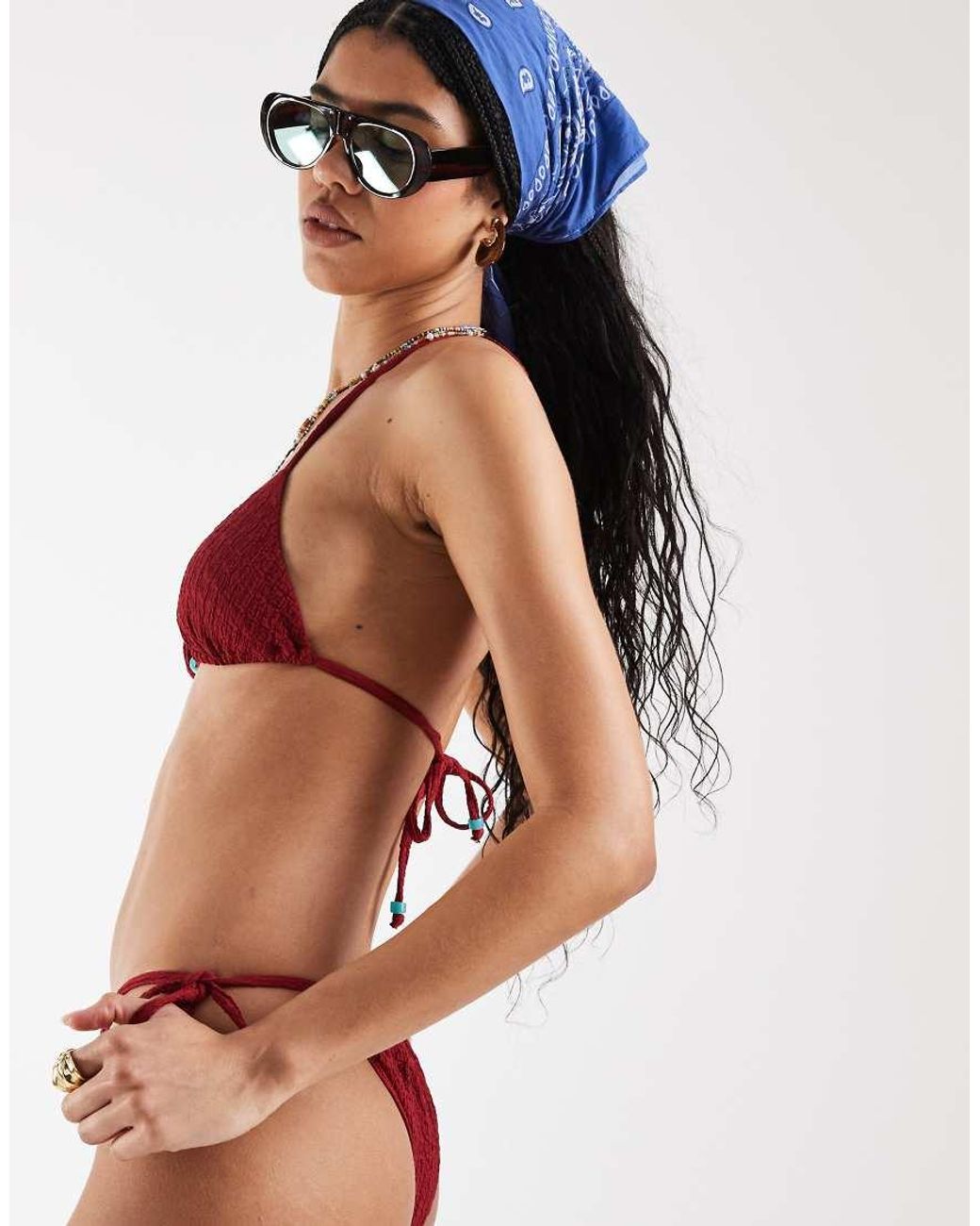 Reclaimed Vintage Red Triangle Bikini Top With Beads