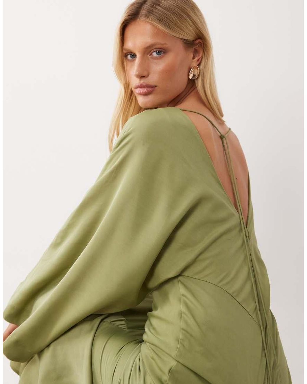 ASOS Green Cape Kimono Sleeve Maxi Dress With Godets And Tassel Tie Detail