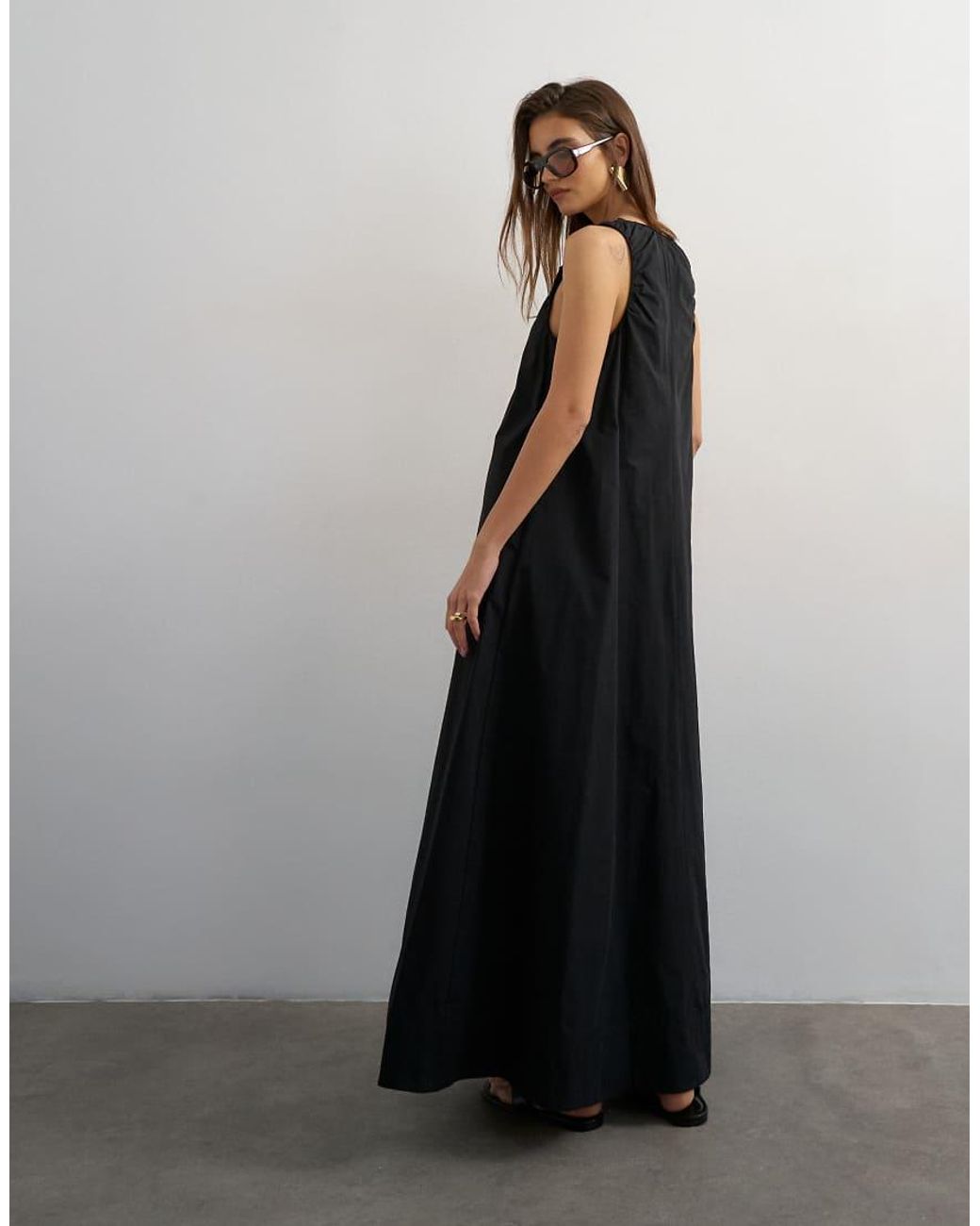 TOPSHOP Black Cotton Poplin Ruched Neck Maxi Sundress