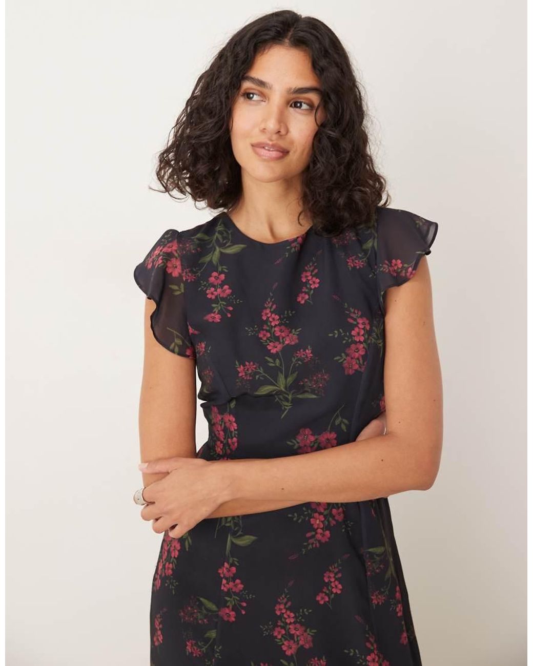 ANAYA Black Floral Flutter Sleeve Maxi Dress