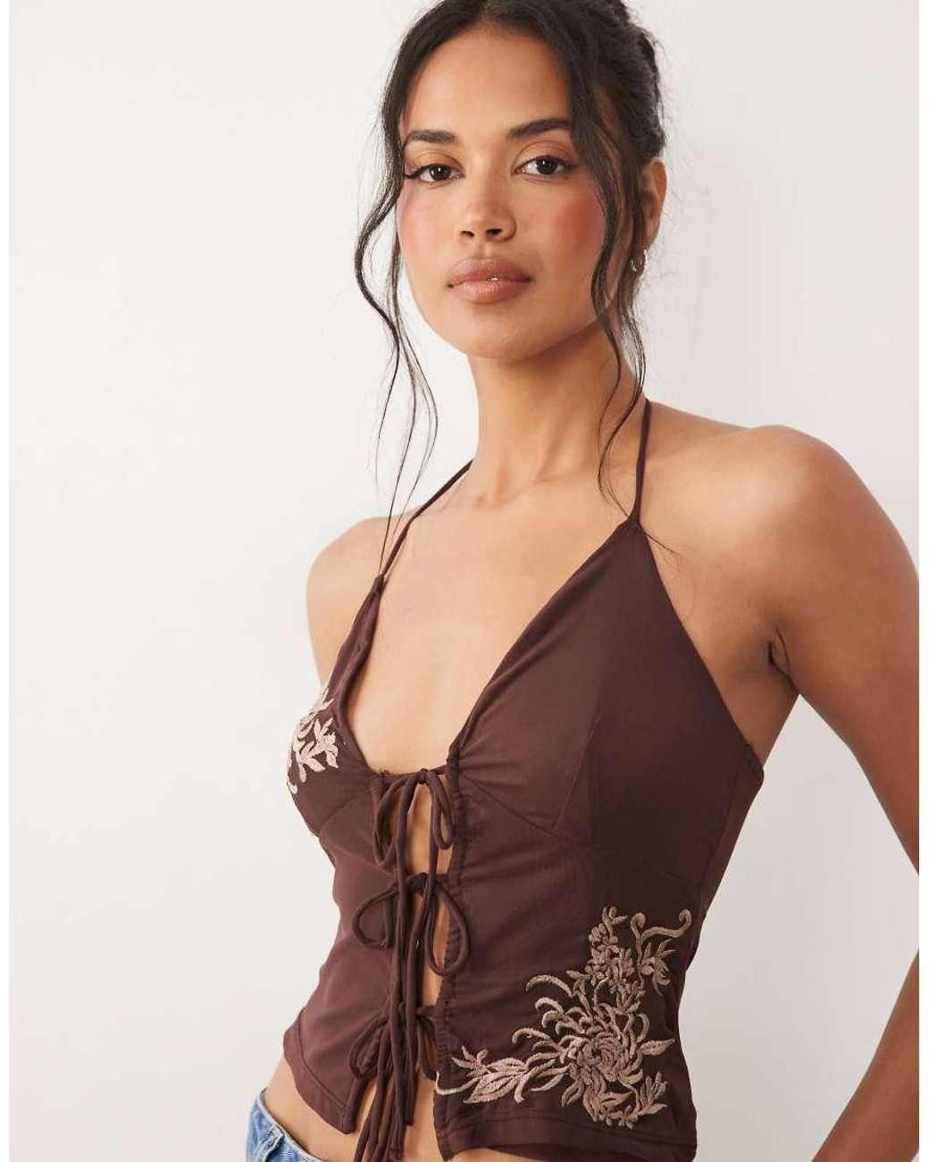 ASOS Blue Embroidered Halter Neck Split Front Cami Top