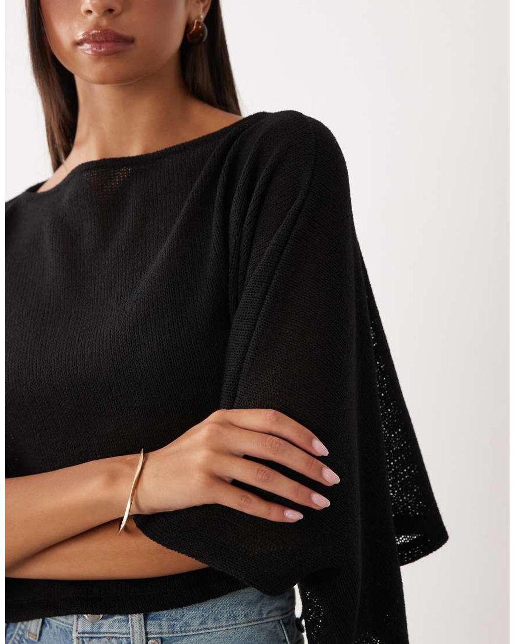 ASOS Black Textured Knit Cape Sleeve Top