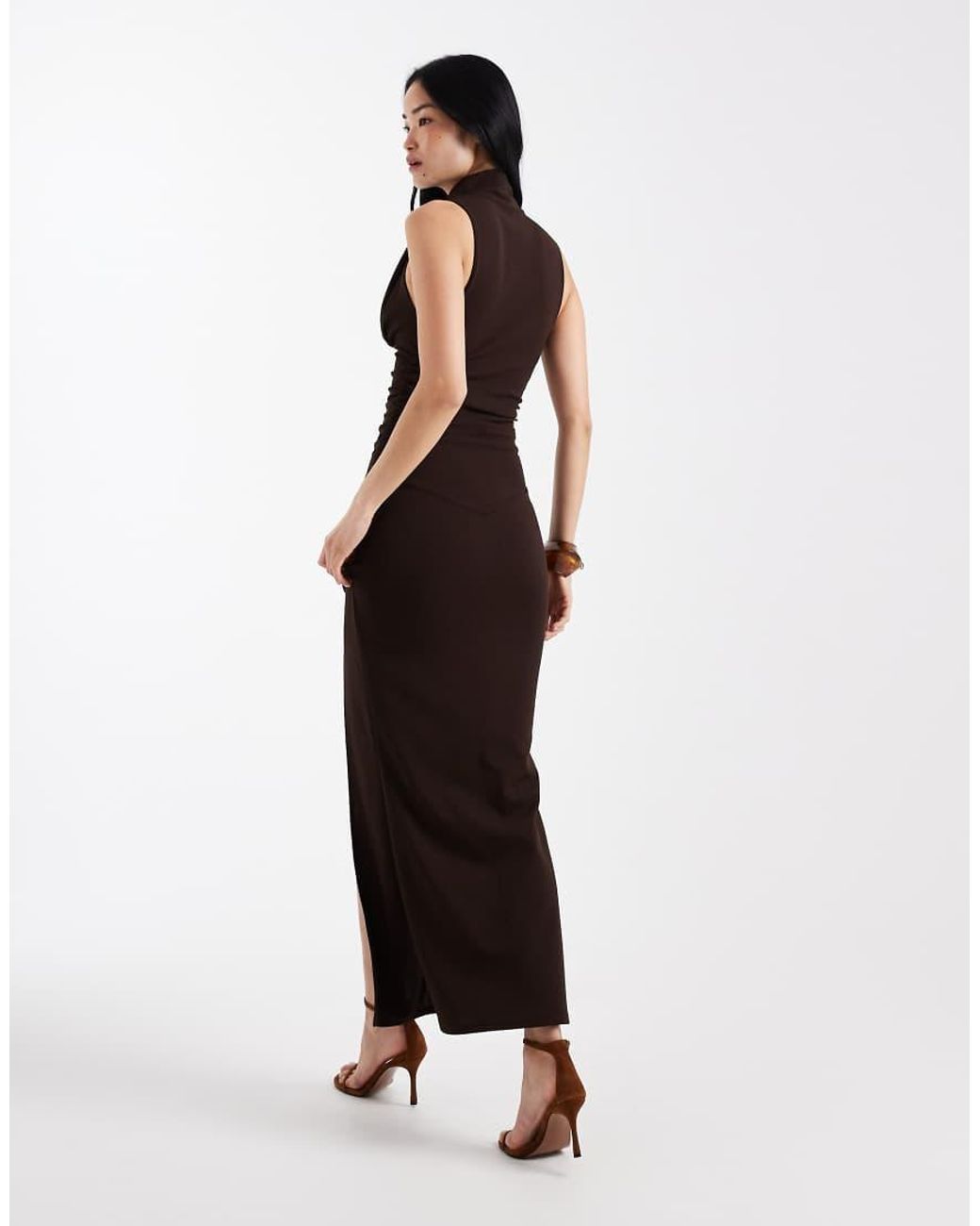 ASOS White Ruched Bodice Maxi Dress With Grown On Neck